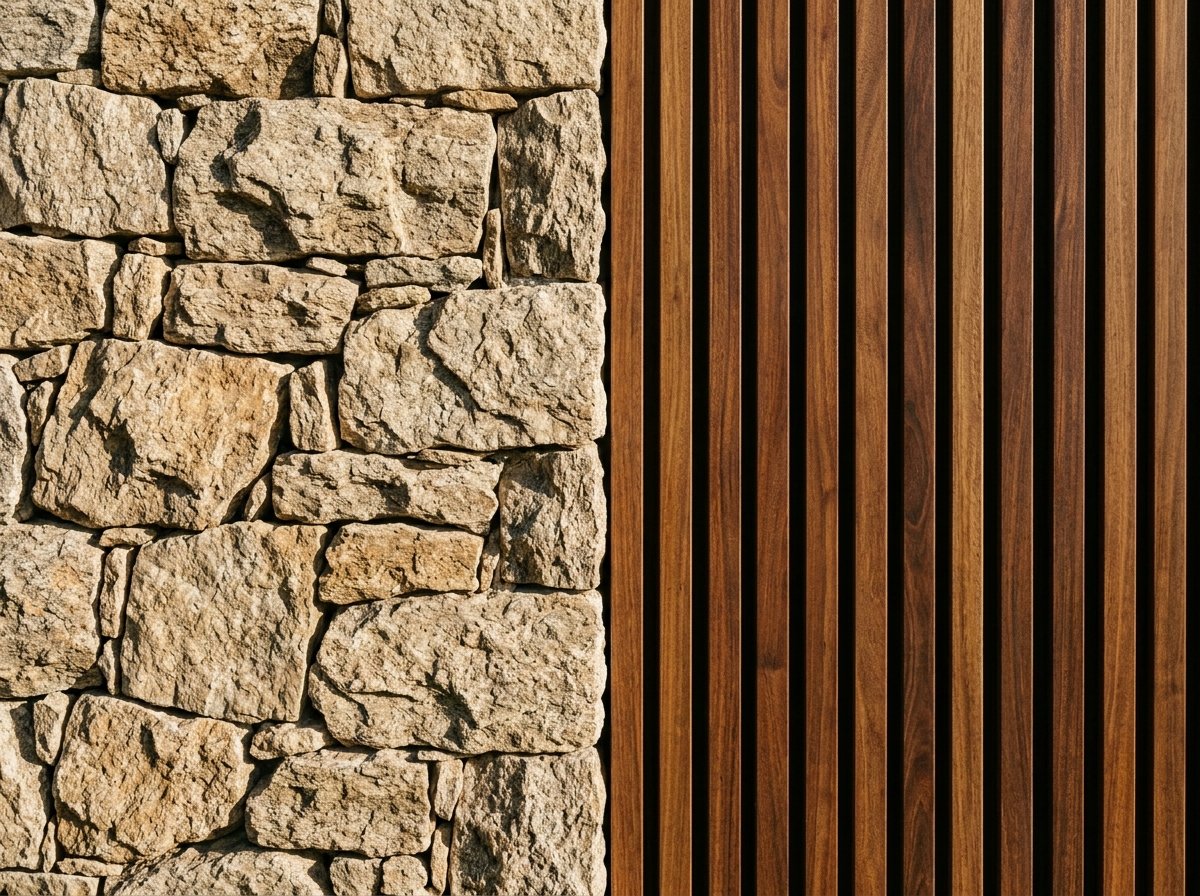 Detalhe de junta de Pedra Moledo e ripas de madeira Cumaru